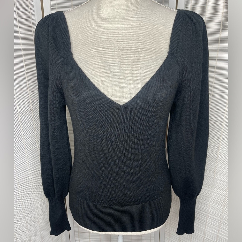 Anthropologie Sweater Puff Sleeve Thin Knit V Neck Black Long Cuffs Size XS